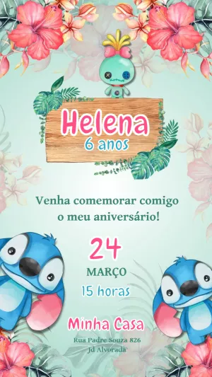 Convite Aniversário Stitch Tropical para Editar Online