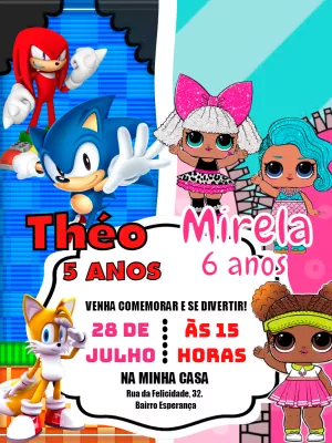 Convite Aniversário Duplo Sonic e LOL Surprise para Editar