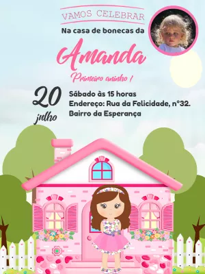 Convite Aniversário Casa de Bonecas com Foto para Editar Online