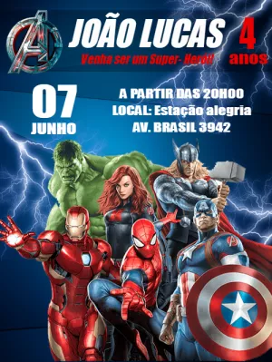 Convite Aniversário Vingadores com seus Heróis para Editar