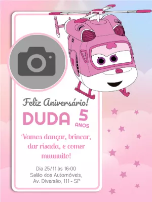 Convite de Aniversário Super Wings com Foto para Editar