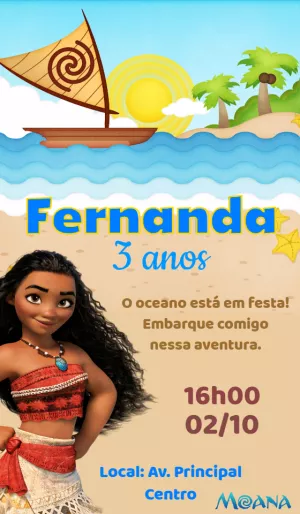 Convite de Aniversário Moana para Editar e Imprimir
