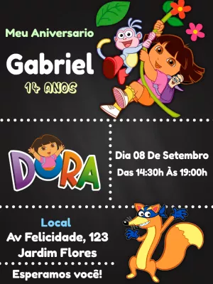Convite Aniversário Dora Aventureira com Personagens para Editar