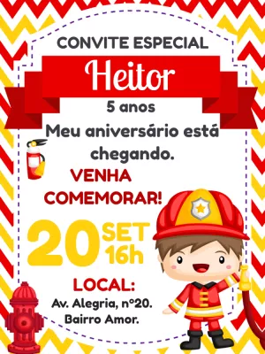 Convite Aniversário Bombeiro Infantil para Editar Online