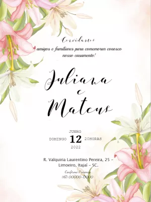 Convite de Casamento Floral com Lírios para Editar Online