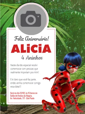 Convite Aniversário Ladybug com Foto para Editar Online