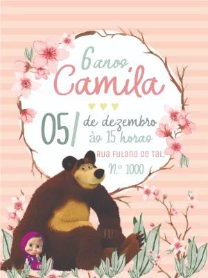 Convite Aniversário Masha e o Urso Floral para Editar Online