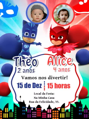 Convite Aniversário Duplo PJ Masks para Editar Online