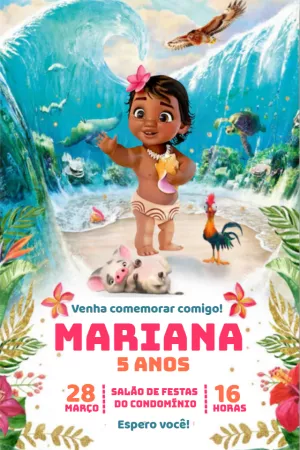 Convite Aniversário Moana Baby com Personagens para Editar Online