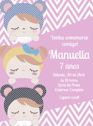 Convite Aniversário Bonecas Metoo para Editar Online
