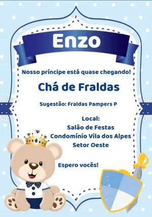 Convite Chá de Fraldas Ursinho Príncipe para Editar Online