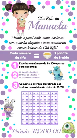 Convite Chá Rifa Monstros SA Aquarela para Editar Online