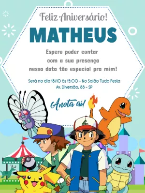 Convite de Aniversário Pokémon com Personagens para Editar