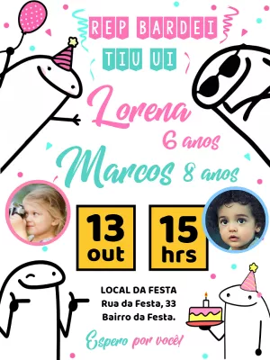 Convite Aniversário Duplo Flork com Foto para Editar Online
