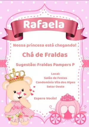 Convite Chá de Fraldas Ursinha Princesa para Editar Online