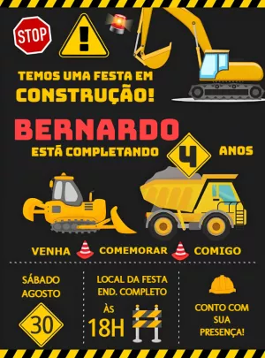 Convite de Aniversário Construção com Trator para Editar Online