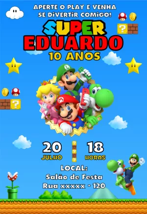 Convite de Aniversário Super Mario com Personagens para Editar
