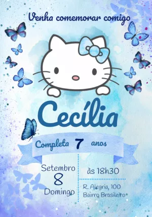 Convite de Aniversário Hello Kitty Aquarela para Editar Online