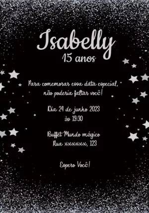Convite 15 Anos Glitter Prata e Estrelas para Editar Online