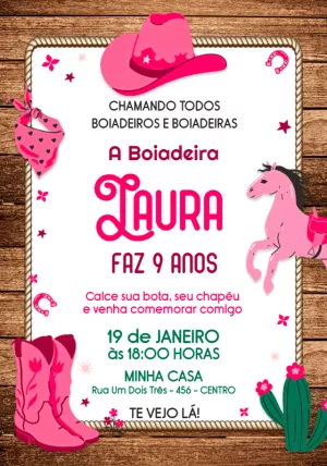 Convite Aniversário Boiadeira Country Rosa para Editar