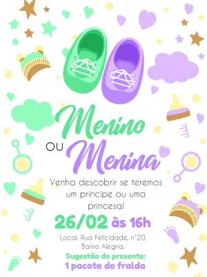 Convite Chá Revelação Sapatinhos Verde e Roxo para Editar