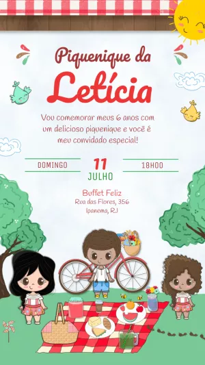 Convite Aniversário Piquenique com Bonequinhos para Editar
