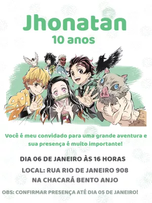 Convite Aniversário Demon Slayer com Personagens para Editar Online
