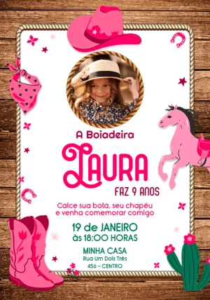 Convite Aniversário Boiadeira com Foto para Editar Online