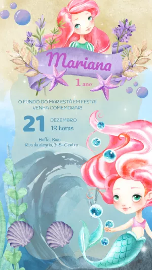 Convite Aniversário Sereia Fundo do Mar para Editar Online