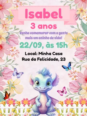 Convite Aniversário Dinossauro Baby Menina para Editar Online