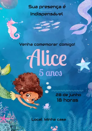 Convite Aniversário Sereia Fundo do Mar para Editar Online