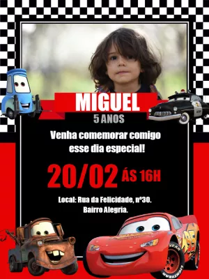 Convite Aniversário Carros com Foto para Editar Online