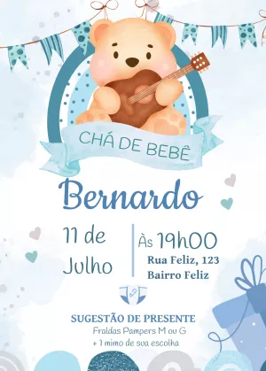 Convite Chá de Bebê Ursinho Aquarela para Editar Online