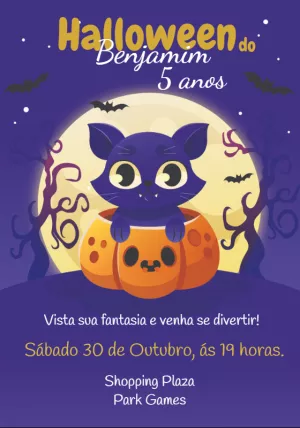 Convite Aniversário Halloween com Gato Fofo para Editar Online