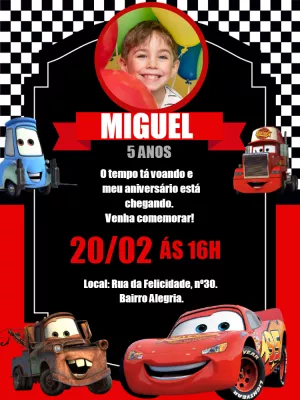 Convite Aniversário Carros com Foto para Editar Online
