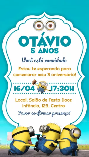 Convite de Aniversário Minions para Editar e Enviar Online