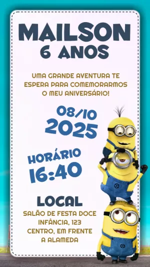 Convite de Aniversário Minions para Editar Online