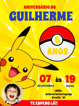 Convite Aniversário Pokémon com Foto para Editar Online
