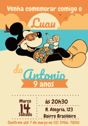 Convite Aniversário Mickey Luau Tropical para Editar Online