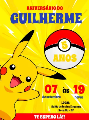 Convite de Aniversário Pokémon com Pikachu para Editar Online