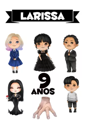 Topo de Bolo Wandinha Addams com Personagens para Editar Online