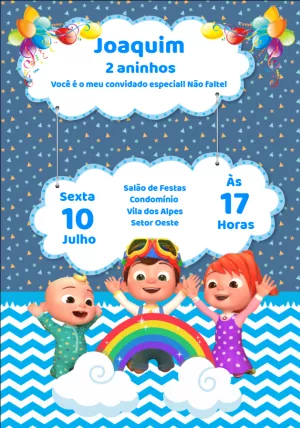 Convite de Aniversário Cocomelon com Personagens para Editar