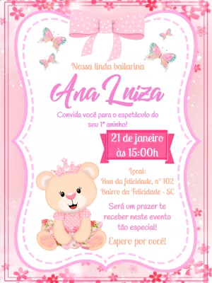 Convite Aniversário Ursinha Bailarina para Editar Online