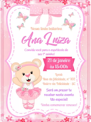Convite Aniversário Ursinha Bailarina para Editar Online