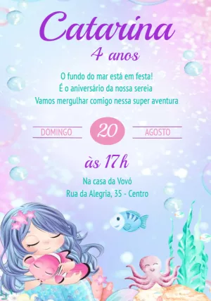 Convite de Aniversário Sereia Fofa para Editar Online