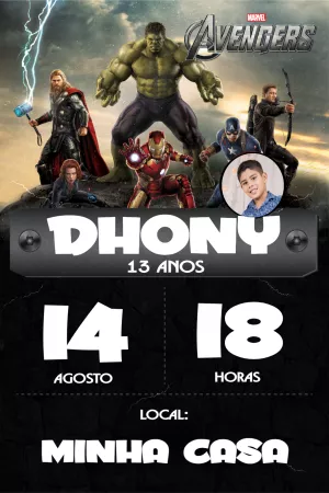 Convite Aniversário Vingadores com Foto para Editar Online