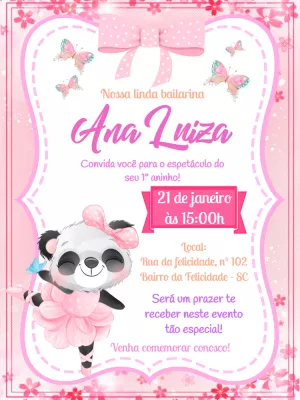 Convite Aniversário Panda Bailarina para Editar Online