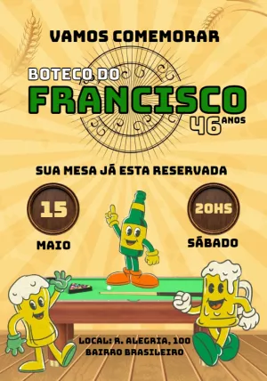 Convite de Aniversário Boteco com Ilustrações para Editar Online