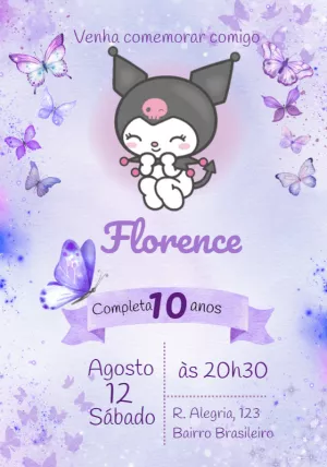 Convite de Aniversário Kuromi com Borboletas para Editar Online