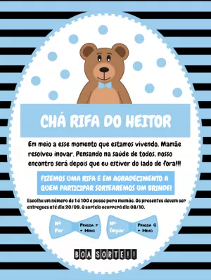 Convite Chá Rifa Ursinho Menino para Editar Online